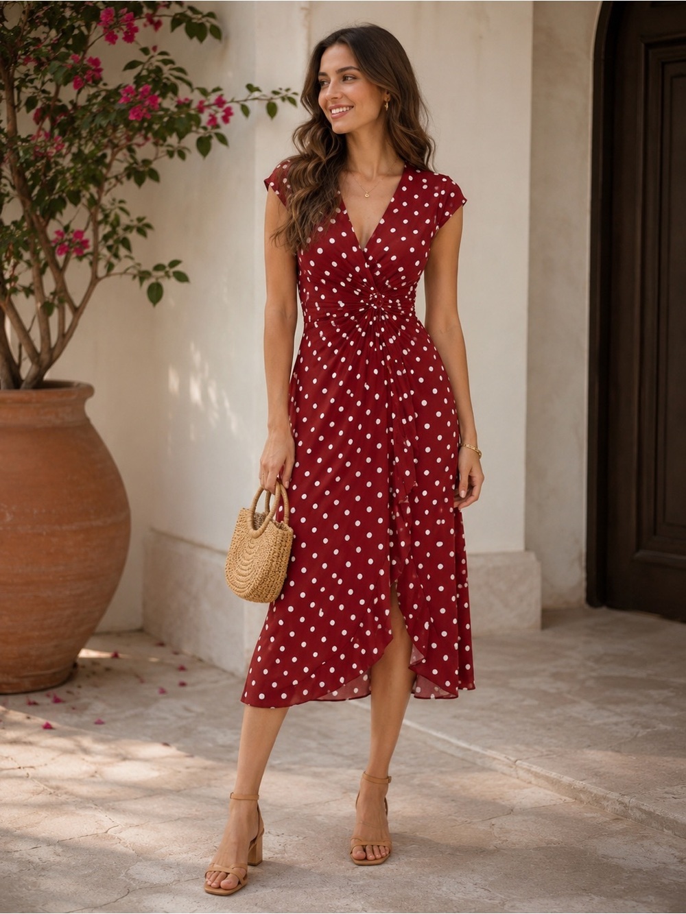 Robbie Bee Red Polka Dot Midi Dress Size Medium - Elegant Twist Front